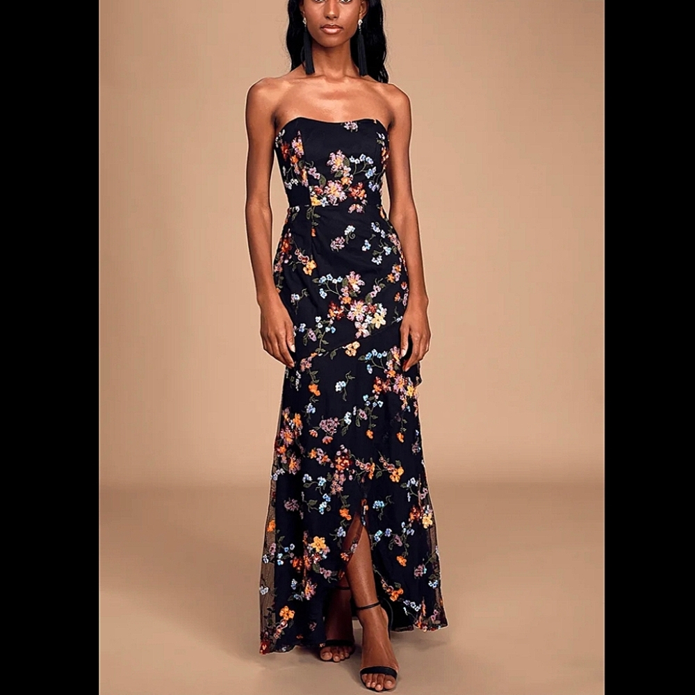 Lulus Wow and Forever Black Floral Sequin Strapless Maxi Gown size Medium